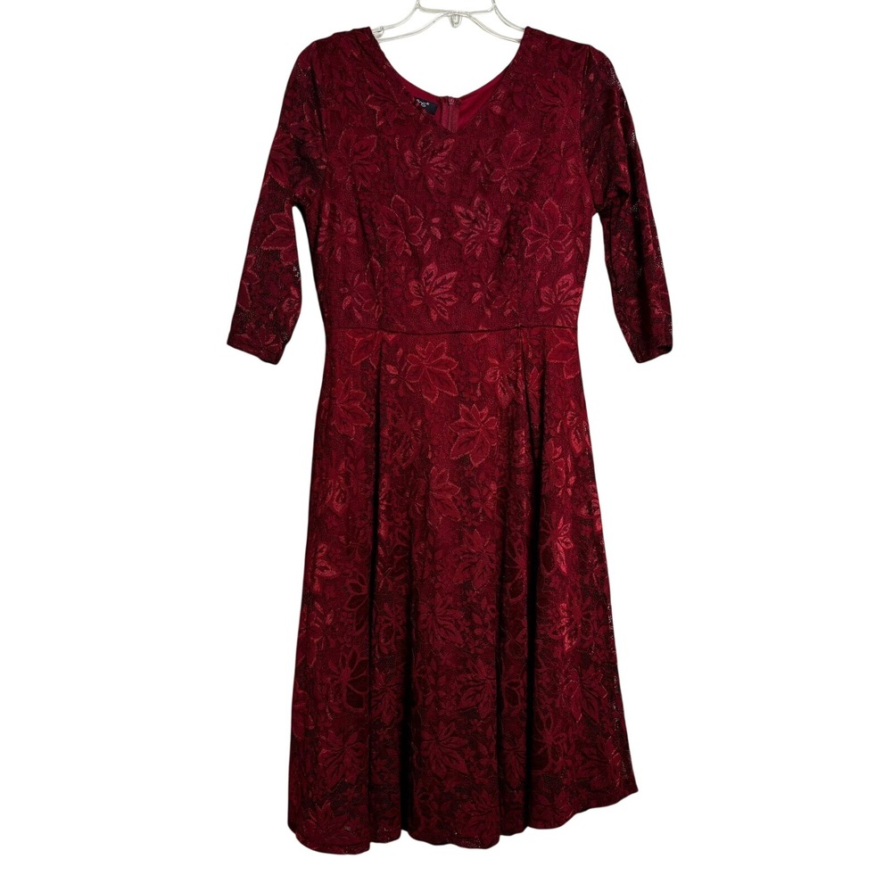 Noctflos Burgundy Floral Lace Fit and Flare Dress V-Neck 3/4 Sleeve Medium‎